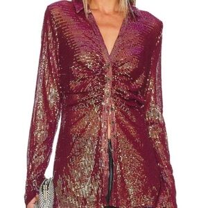 Free people red sequin sparkle maroon button up ruched long sleeve top size M